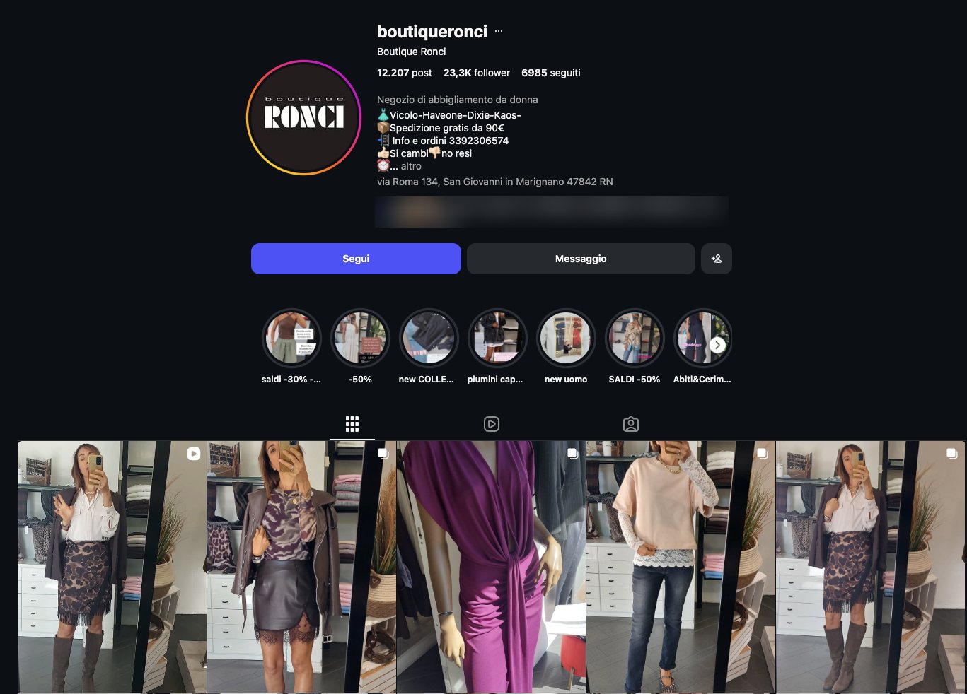 Profilo Instagram di Boutique Ronci