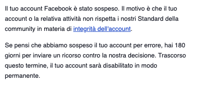 Notifica di sospensione dell'account Facebook
