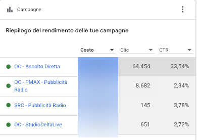 Rendimento delle campagne Google Ads di Radio Studio Delta